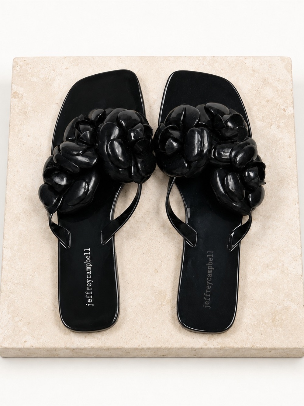 Jeffrey Campbell Black Patent Floral-Jelly Slide Sandals